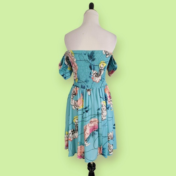 Jaase Women's Mini Dress S Multicolor Smocked Floral Rayon Boho cold shoulders - Picture 2 of 5